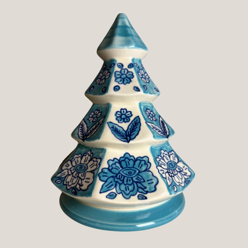 Folk Art Glazed Hand-Painted Ceramic Christmas Tree Turquoise